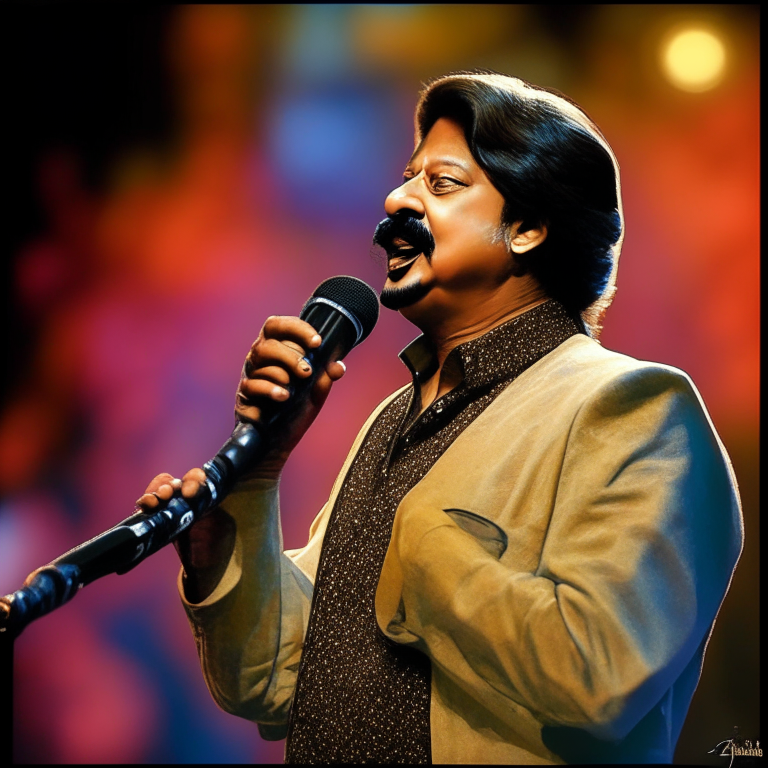 Pankaj Udhas singing on stage with a microphone in his hand