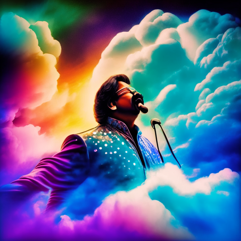 Pankaj Udhas singing on stage with a vibrant sky