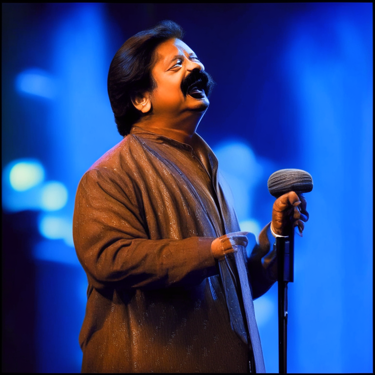 Pankaj Udhas singing on stage with a microphone in his hand