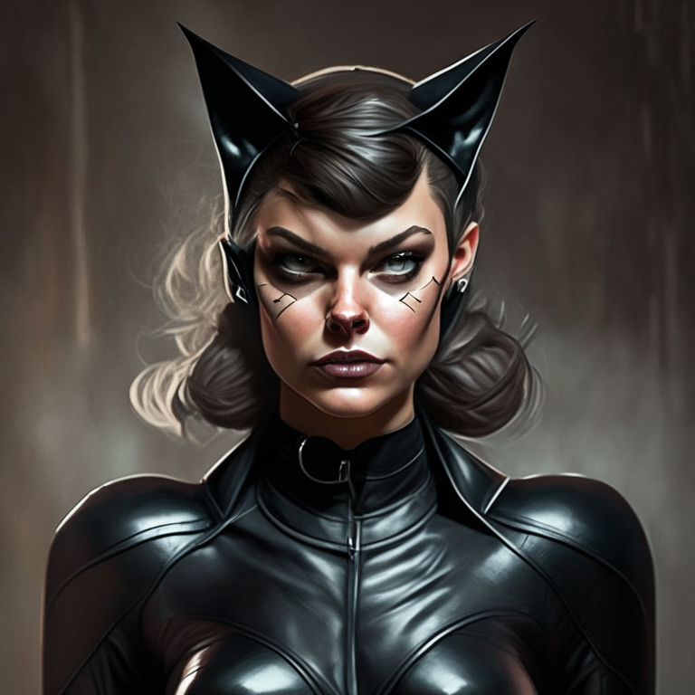 a woman with cat ears and a black leather suit