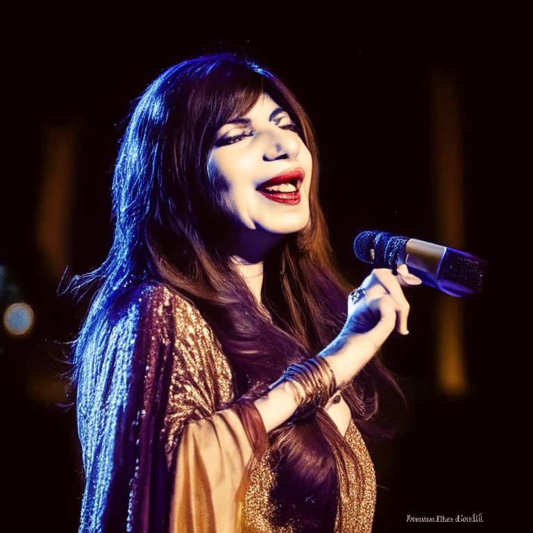 Alka Yagnik singing on stage with a microphone in her hand
