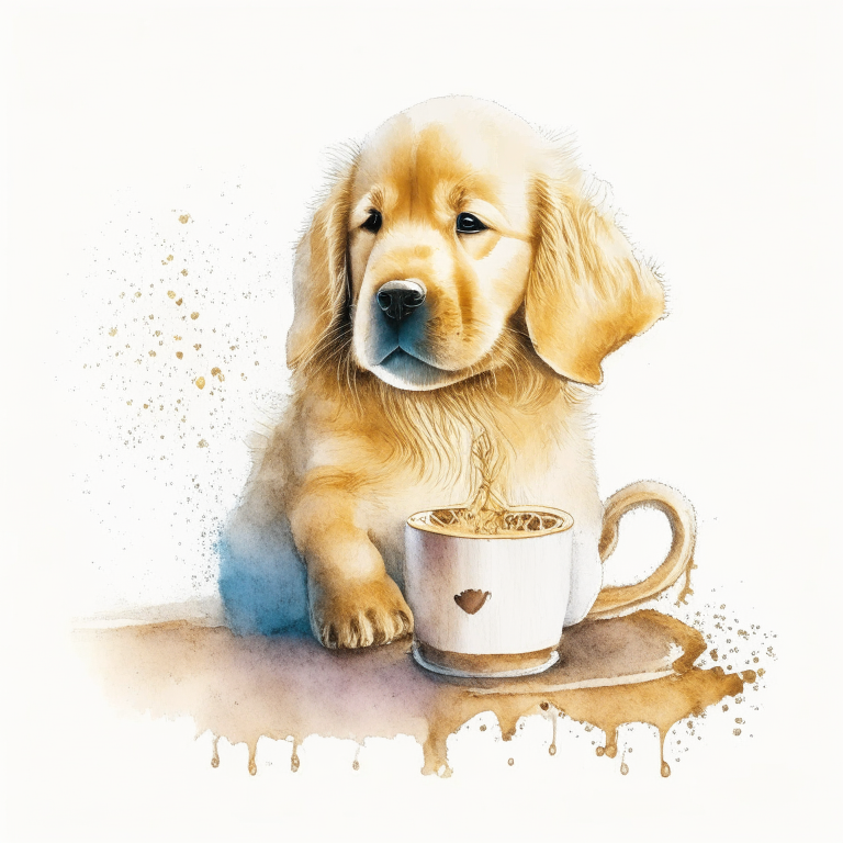 a watercolor-style Golden Retriever puppy drinking a latte with heart-shaped art