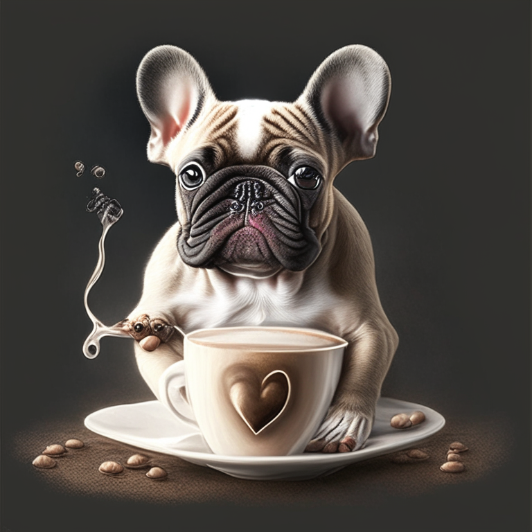 a realistic-style French Bulldog puppy drinking a latte with heart-shaped art