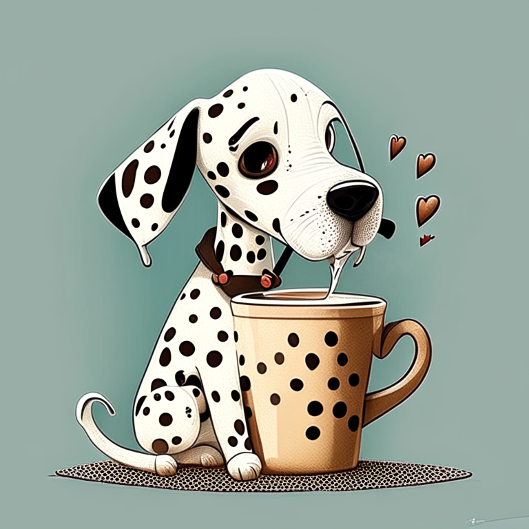 a cartoon-style Dalmatian puppy drinking a latte with heart-shaped art