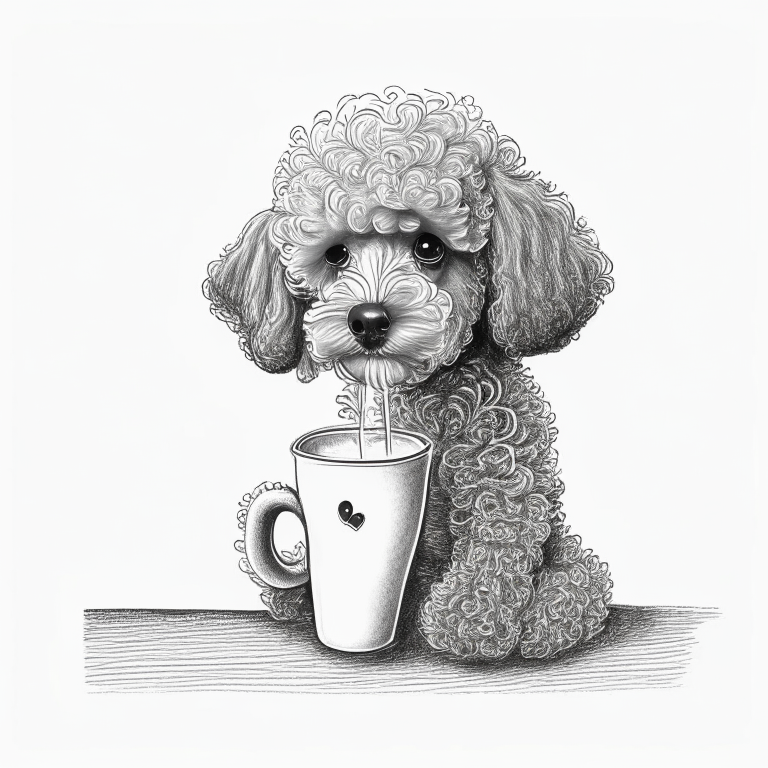 a sketch-style Poodle puppy drinking a latte with heart-shaped art