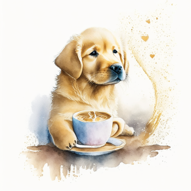 a Golden Retriever puppy drinking a latte with heart-shaped art, painted in watercolor style