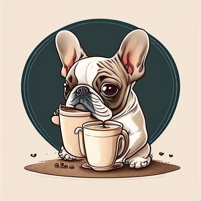 a French Bulldog puppy drinking a latte with heart-shaped art, drawn in a cartoon style