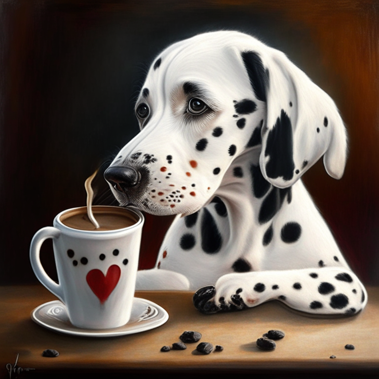 a Dalmatian puppy drinking a latte with heart-shaped art, painted in oil style