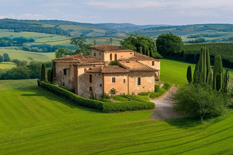 a large house in the middle of Tuscany's rolling hills