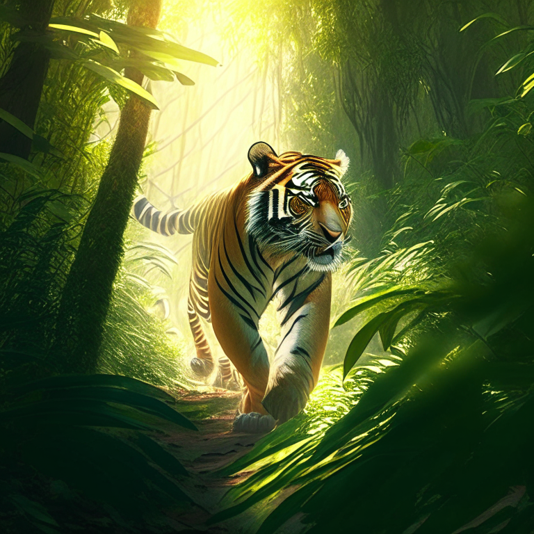 a majestic Bengal tiger prowling through the lush green jungle, with sunlight filtering through the trees