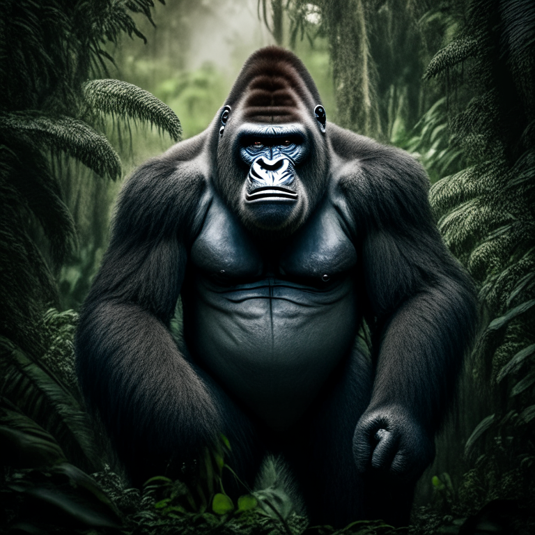a massive silverback gorilla standing tall in the jungle, with a fierce expression on its face