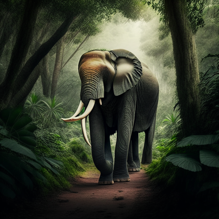un elefante africano caminando por la selva, rodeado de vegetación exuberante