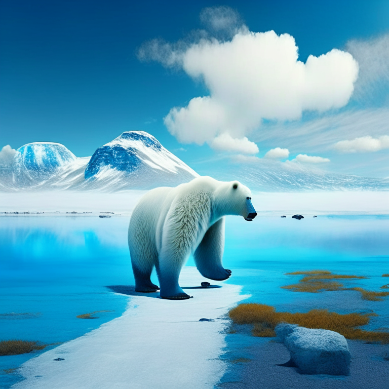 un oso polar caminando en un paisaje ártico, con montañas nevadas y un cielo azul claro