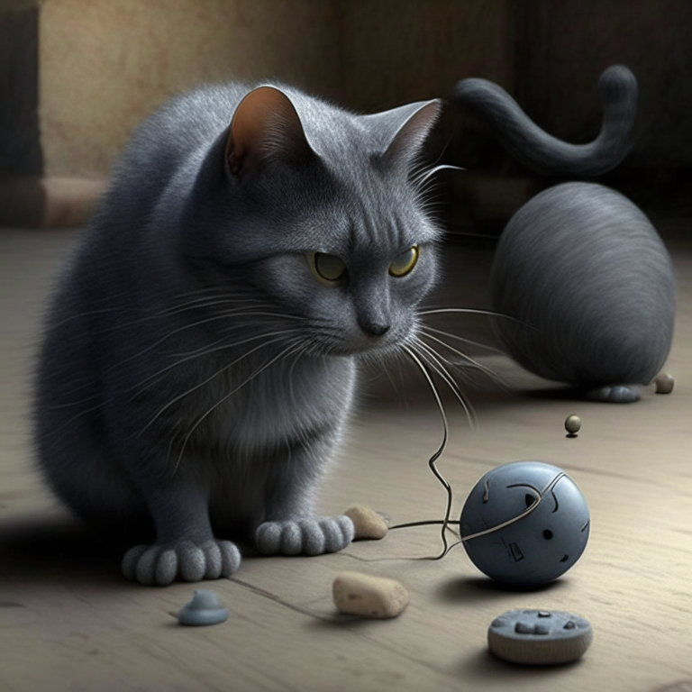 un gato gris con rayas oscuras jugando con un ratón de juguete