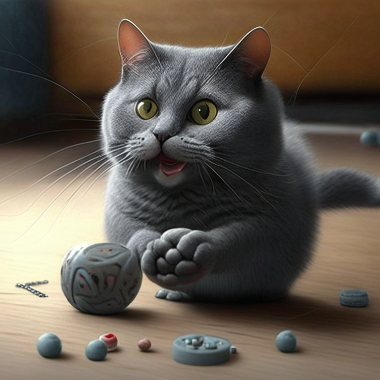 un gato gris con rayas oscuras jugando con un ratón de juguete y con una cara feliz