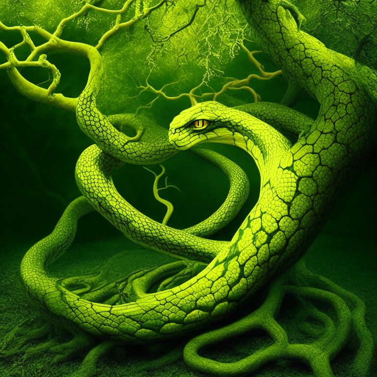 una serpiente verde y amarilla entre los árboles