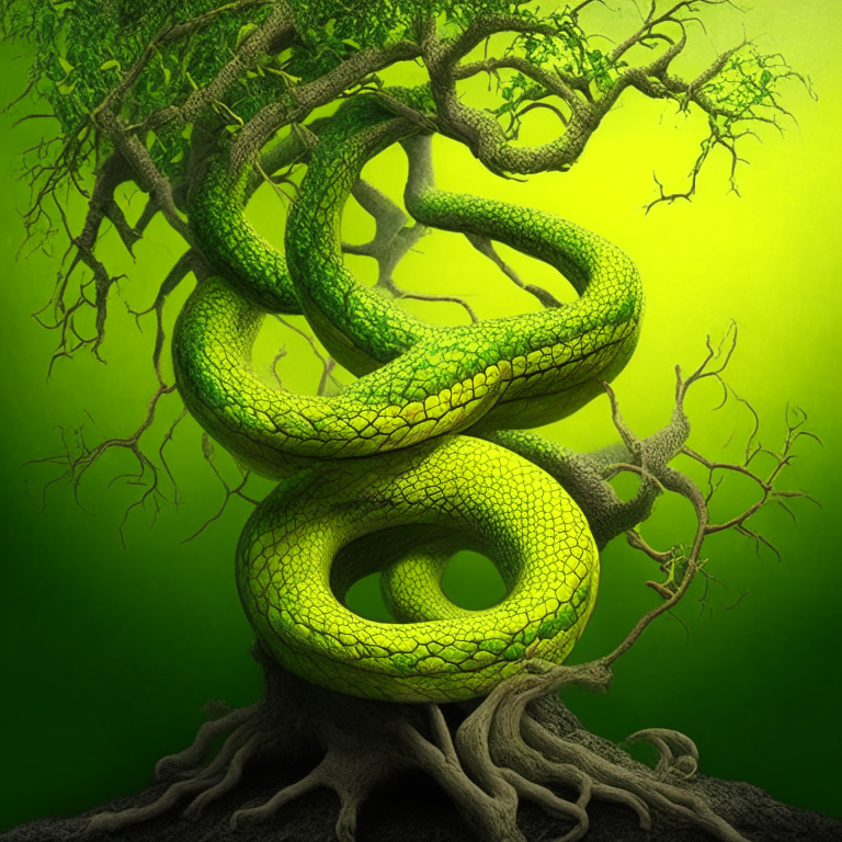una serpiente verde y amarilla enroscada alrededor de un árbol