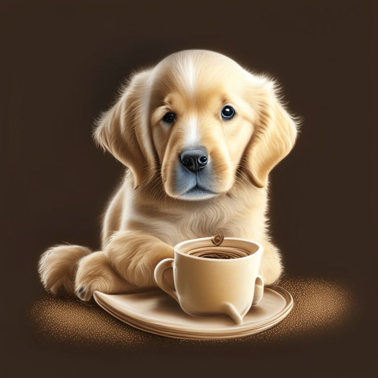 a Golden Retriever puppy drinking a latte with a heart-shaped art in a realistic style