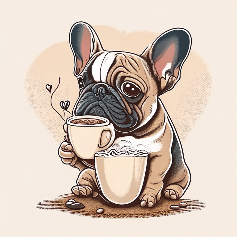 a French Bulldog puppy drinking a latte with a heart-shaped art in a cartoon style