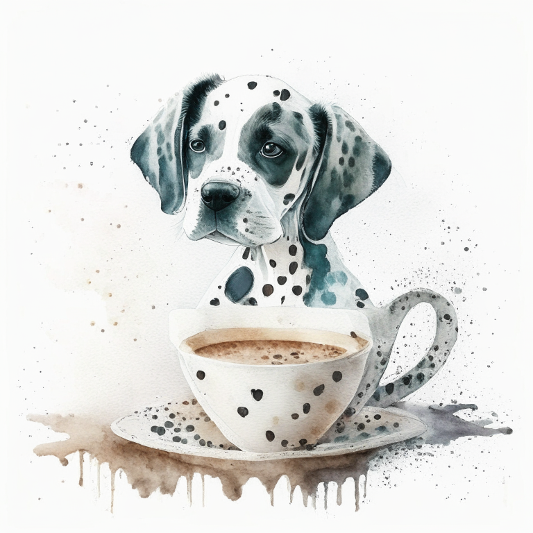 a Dalmatian puppy drinking a latte with a heart-shaped art in a watercolor style