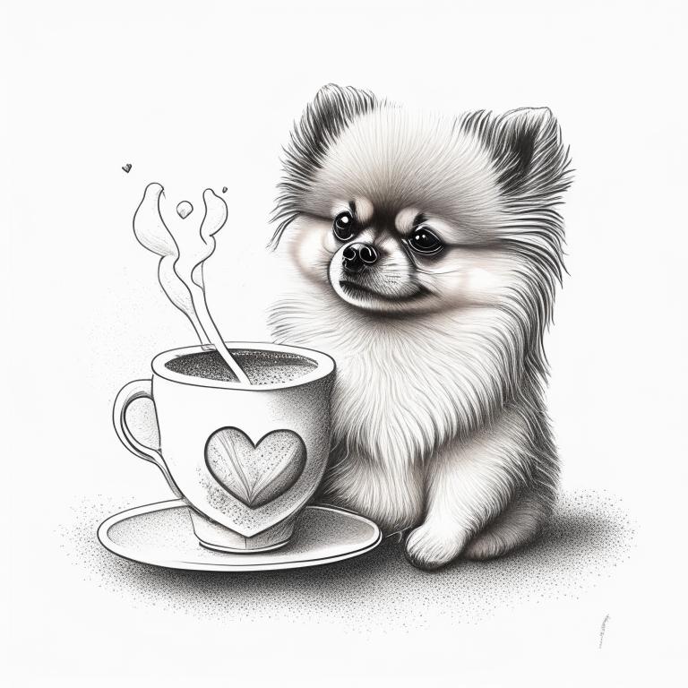 a Pomeranian puppy drinking a latte with a heart-shaped art in a sketch style