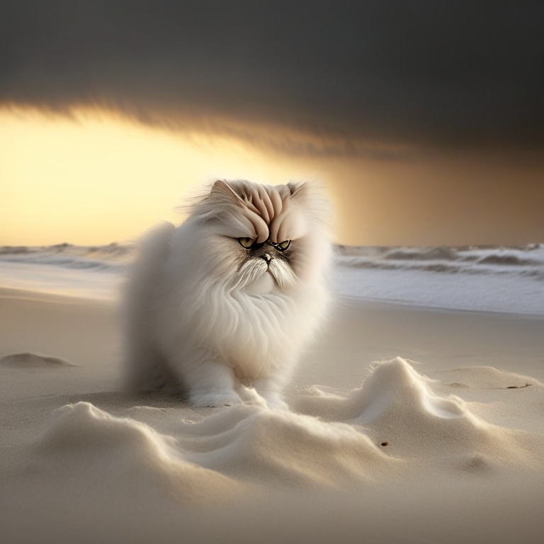 a Persian cat on a white sand beach at stormy dawn