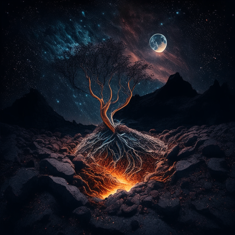 roots coming out of lava in a rocky ground with a starry sky and the moon