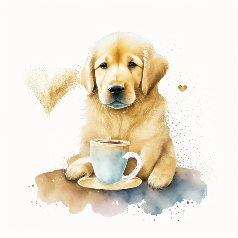 a Golden Retriever puppy drinking a latte with a heart-shaped art in a watercolor style