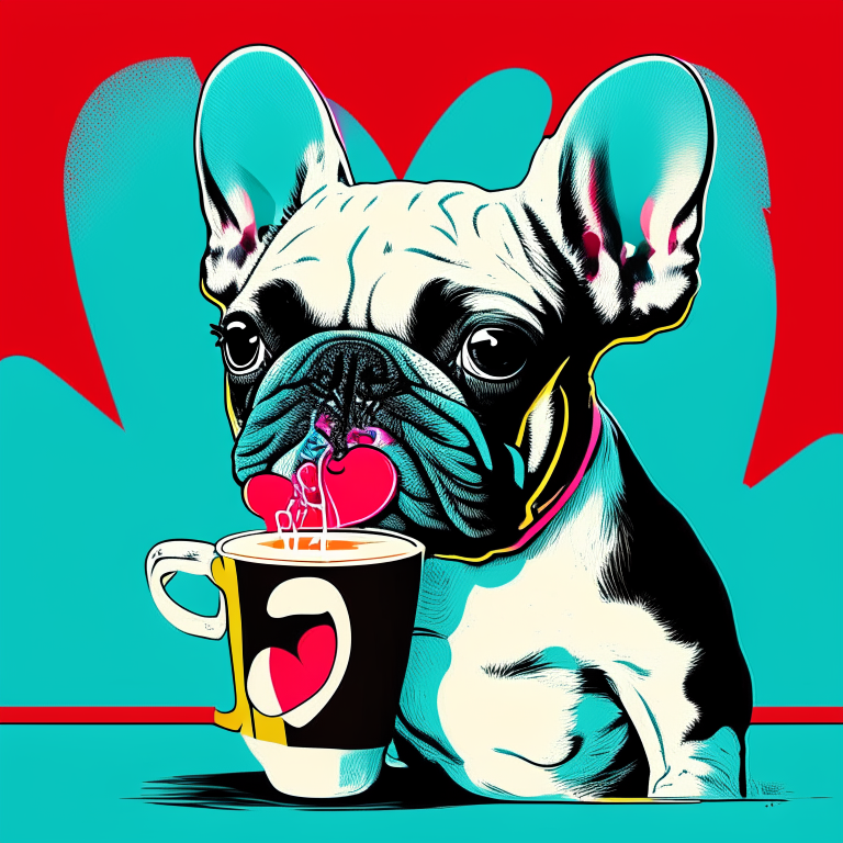 a French Bulldog puppy drinking a latte with a heart-shaped art in a pop art style