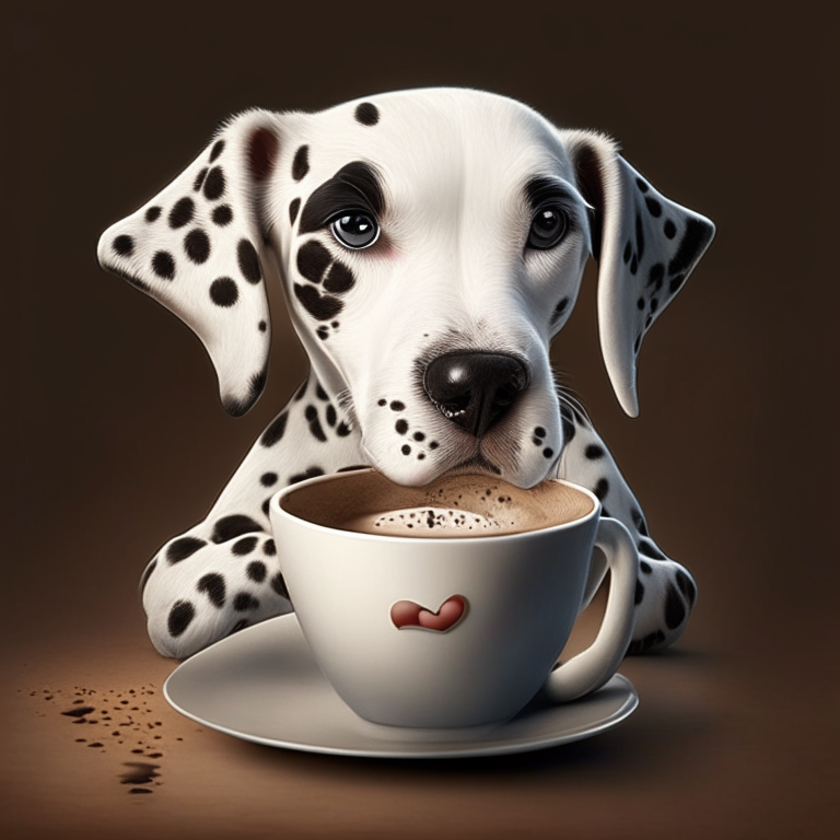 a Dalmatian puppy drinking a latte with a heart-shaped art in a realistic style