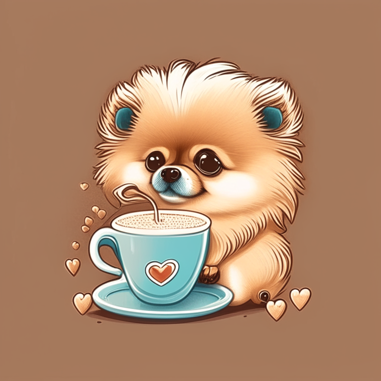 a Pomeranian puppy drinking a latte with a heart-shaped art in a cartoon style