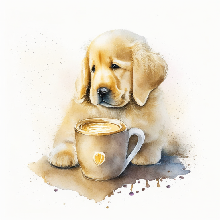 a Golden Retriever puppy drinking a latte with a heart-shaped art on top, painted in watercolor style
