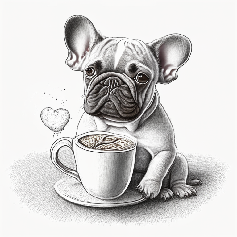 a French Bulldog puppy drinking a latte with a heart-shaped art on top, drawn in pencil sketch style