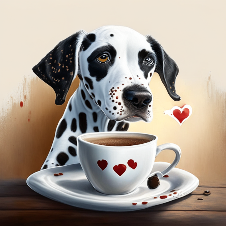 a Dalmatian puppy drinking a latte with a heart-shaped art on top, painted in digital painting style