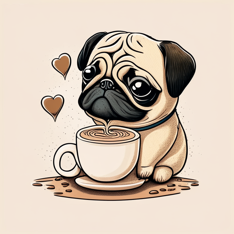a Pug puppy drinking a latte with a heart-shaped art on top, drawn in cartoon style