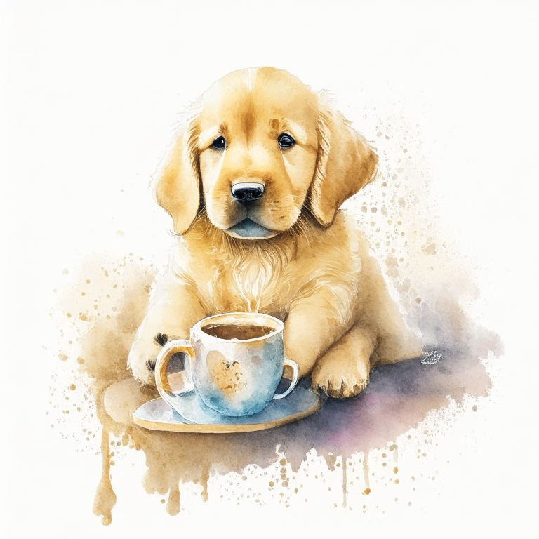 a Golden Retriever puppy drinking a latte with heart-shaped art, painted in watercolor style