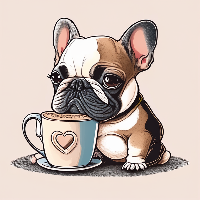 a French Bulldog puppy drinking a latte with heart-shaped art, drawn in cartoon style