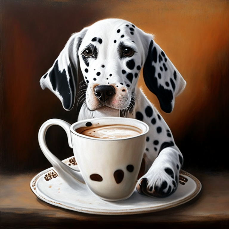 a Dalmatian puppy drinking a latte with heart-shaped art, painted in oil style