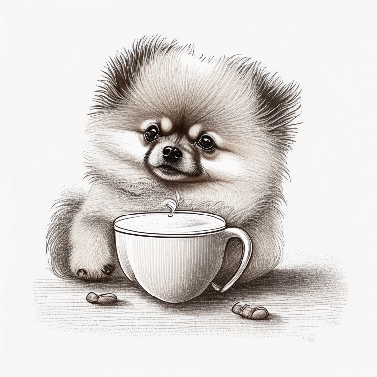 a Pomeranian puppy drinking a latte with heart-shaped art, drawn in sketch style