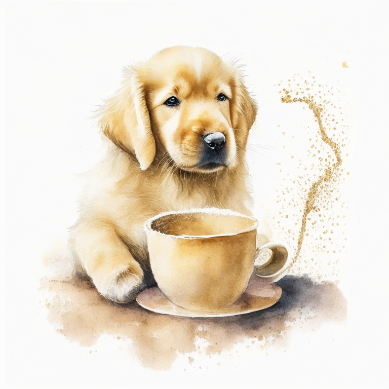 a Golden Retriever puppy drinking a latte with heart-shaped art, painted in watercolor