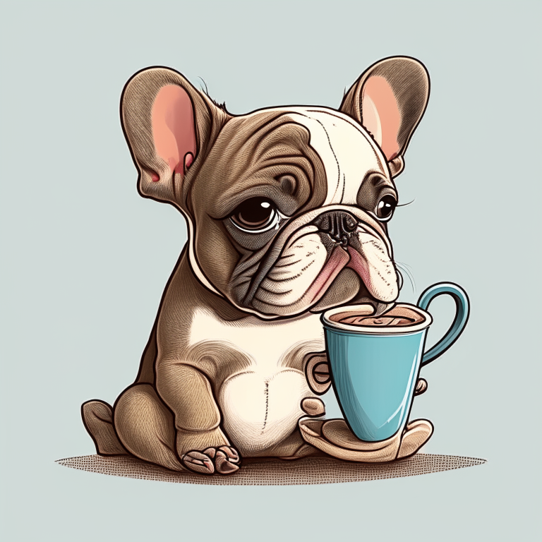 a French Bulldog puppy drinking a latte with heart-shaped art, drawn in a cartoon style