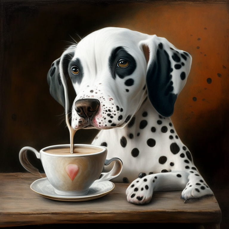 a Dalmatian puppy drinking a latte with heart-shaped art, painted in oil