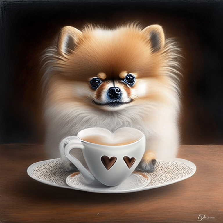 a Pomeranian puppy drinking a latte with heart-shaped art, painted in acrylic