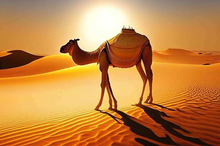 un camello caminando en el desierto con un sol brillante