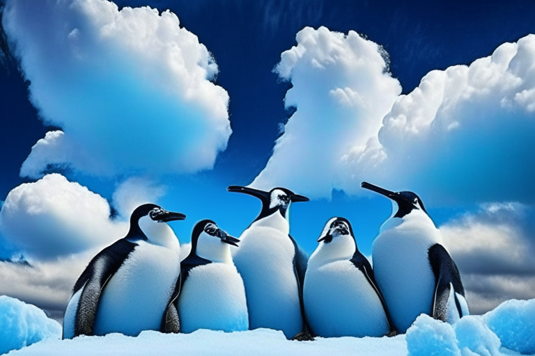 un grupo de pingüinos emperadores en la Antártida, con un cielo azul y nubes esponjosas