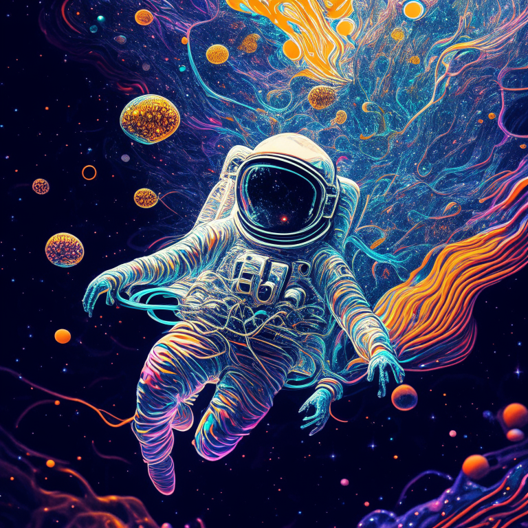 an astronaut floating in a background that looks like neurons in psychedelic style