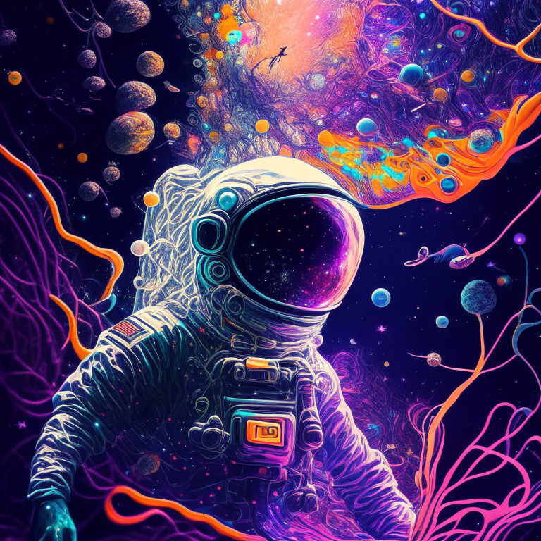 an astronaut floating in a background that looks like neurons in psychedelic style