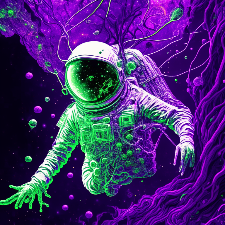 an astronaut floating in a background that looks like neurons in psychedelic style, with a purple and green color scheme