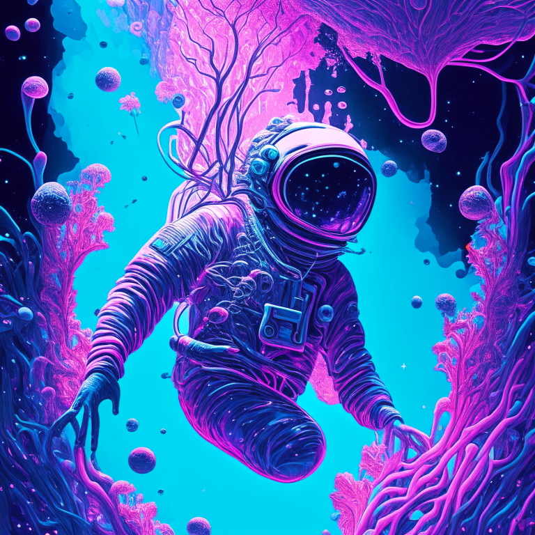 an astronaut floating in a background that looks like neurons in psychedelic style, with a blue and pink color scheme