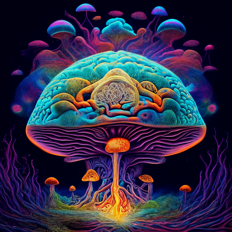 a brain with mushrooms growing from it and a spiritual and mystical background in psychedelic style